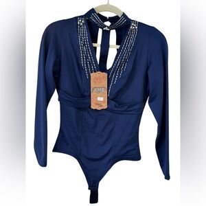Colombian faja Embellished Navy Long-Sleeve Bodysuit with Choker Detail